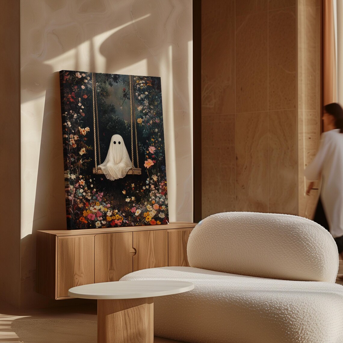 Whimsical Ghost On Swing In Vibrant Flower Garden Dreamy Halloween Wall Poster - Image 3
