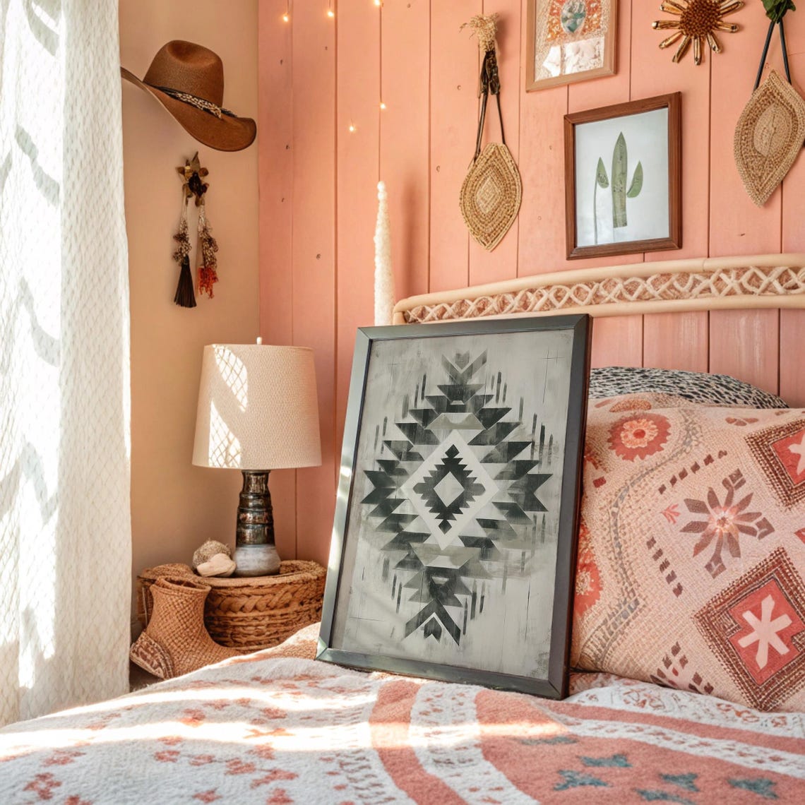 Gray Southwestern Aztec Geometric Diamond Pattern Tribal Wall Art