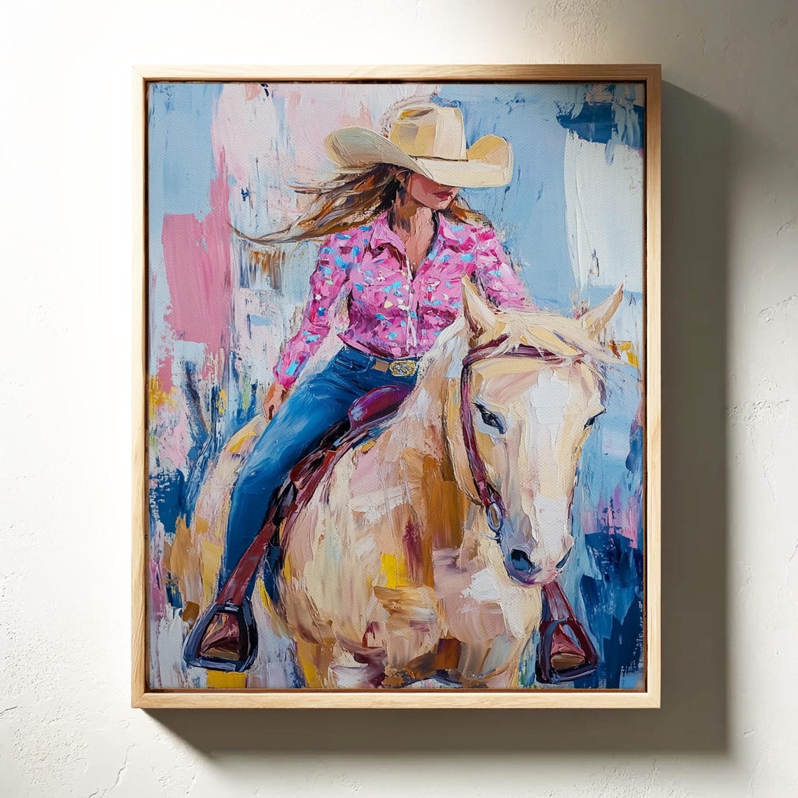 Western Cowgirl Art Vibrant Acrylic Painting Of Woman Riding Horse In Pink Shirt Rustic Country Decor For Western Lovers - Image 3