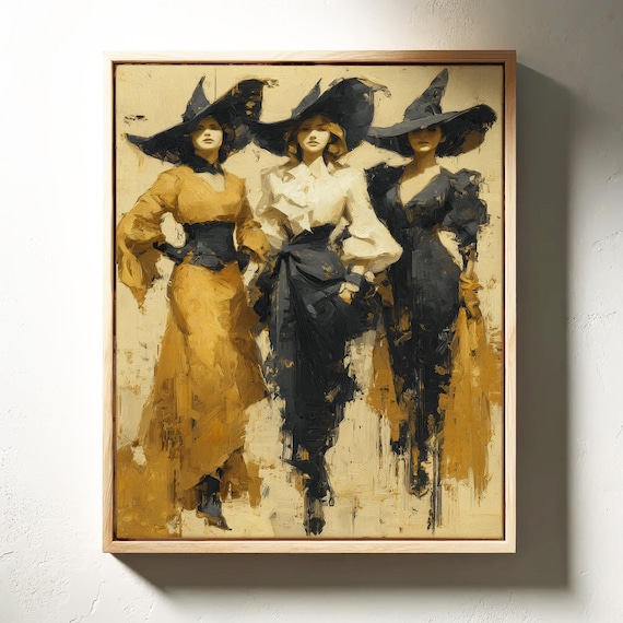 Three Elegant Witches Vintage Style Dramatic Hats Gold Ochre Poster