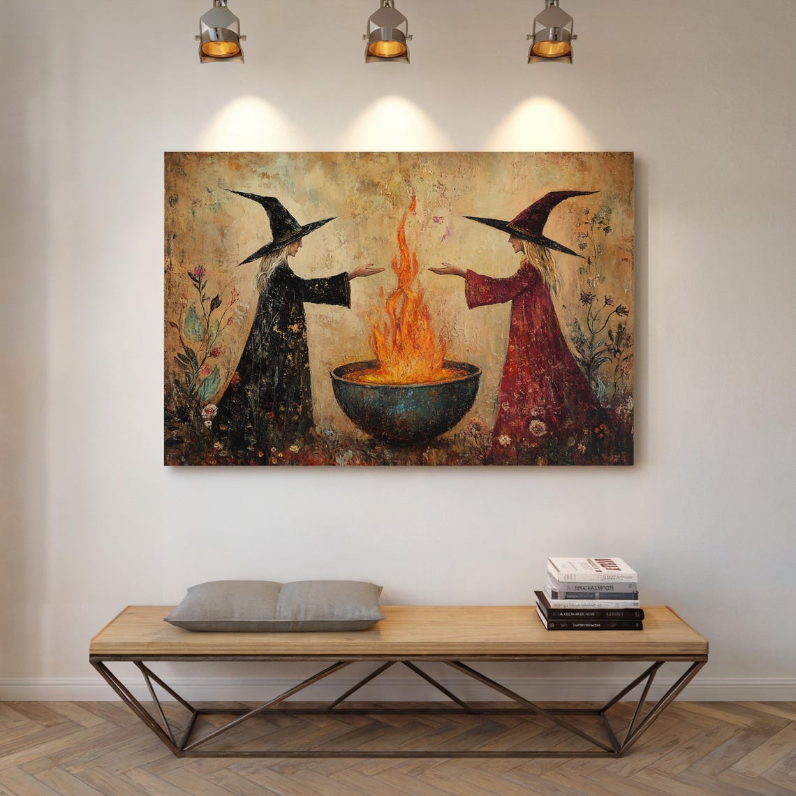 Witch Sisters Casting Fire Spell Mystical Halloween Cauldron Poster - Image 5