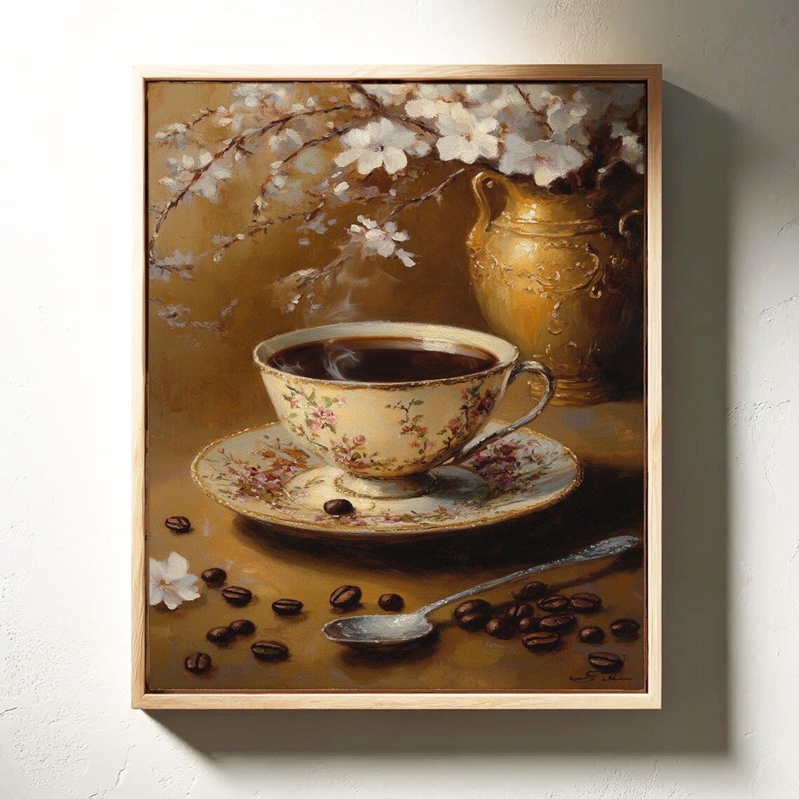 Vintage Floral Teacup Coffee Beans Golden Vase Still Life Poster - Image 3