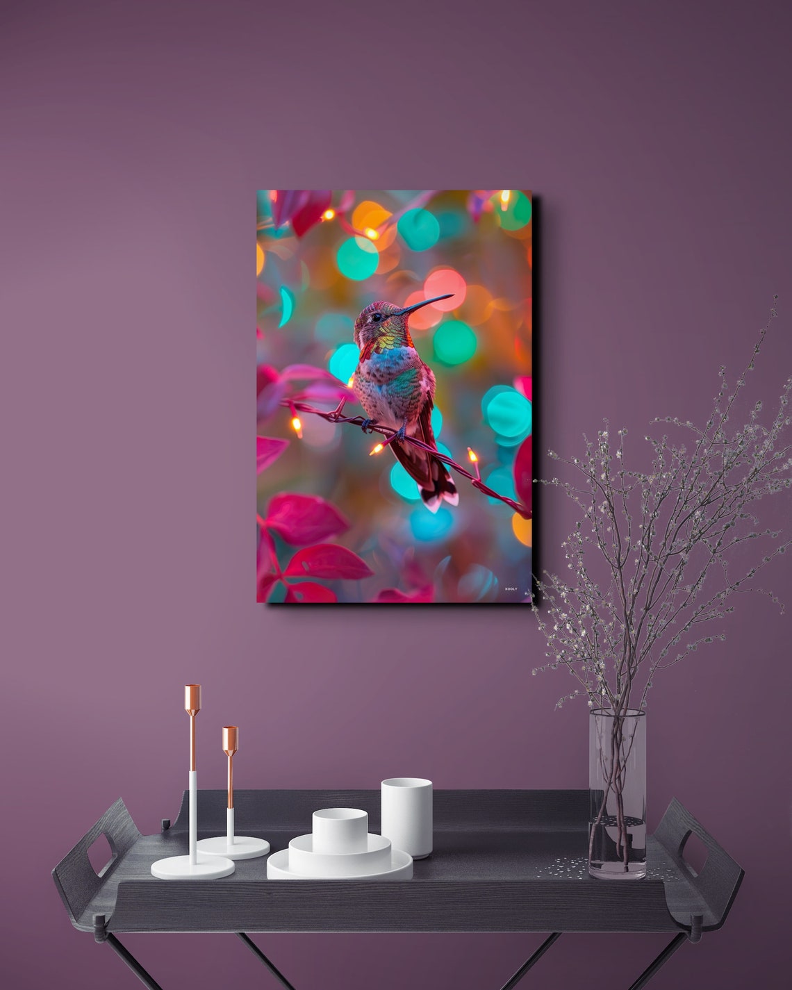 Colorful Hummingbird Perched on Glowing String Lights Poster - Image 7