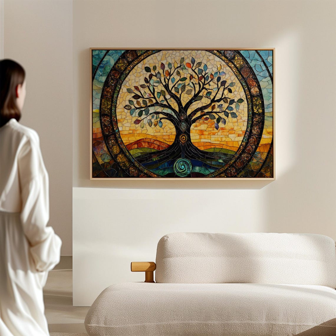 Stained Glass Tree Of Life Mosaic With Teal Border Sunset Poster - Image 4