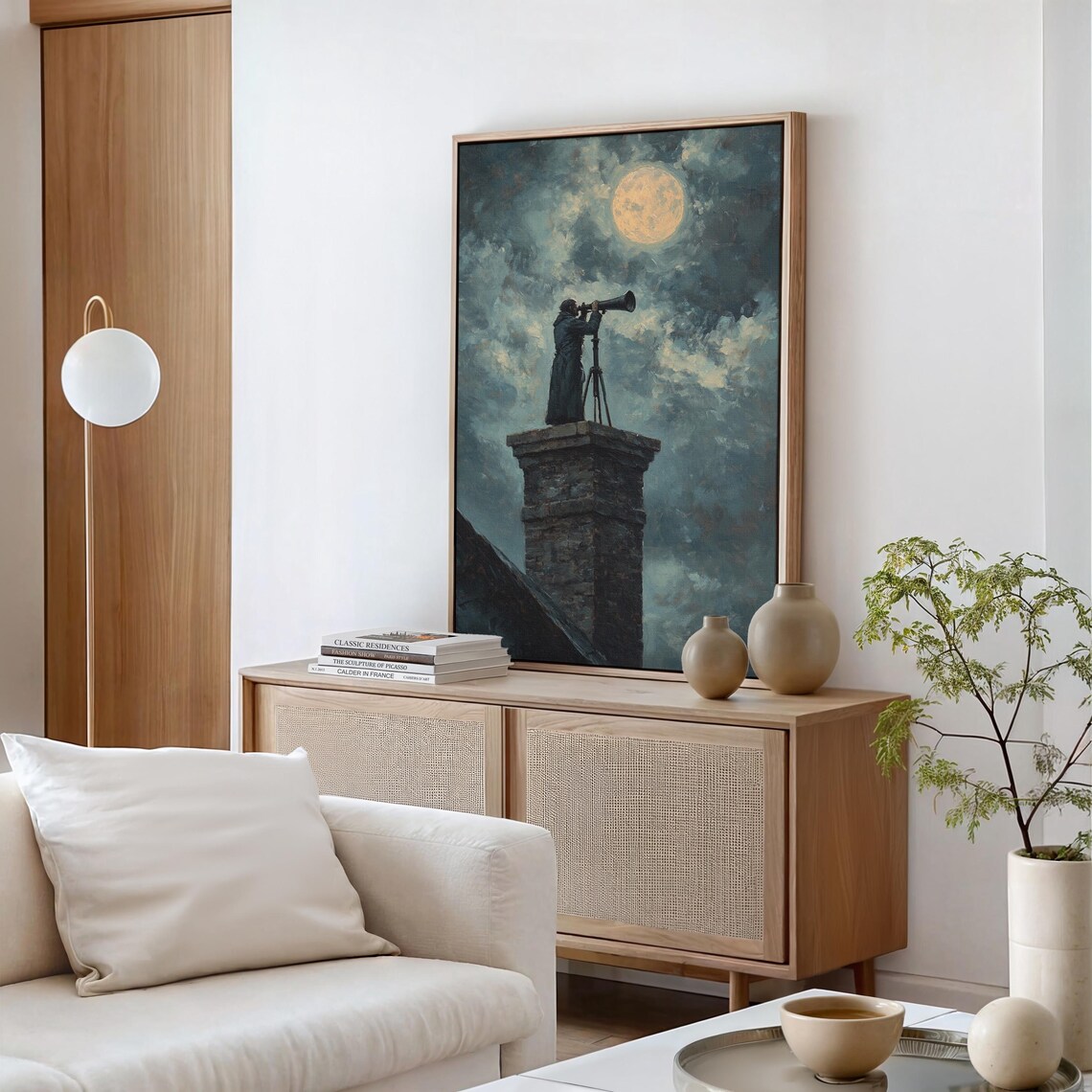 Man Telescope Rooftop Full Moon Night Sky Vintage Moody Art Poster - Image 5