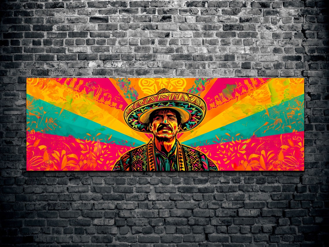 Man in a Sombrero With a Bold Colorful Sunburst Panoramic Poster - Image 2