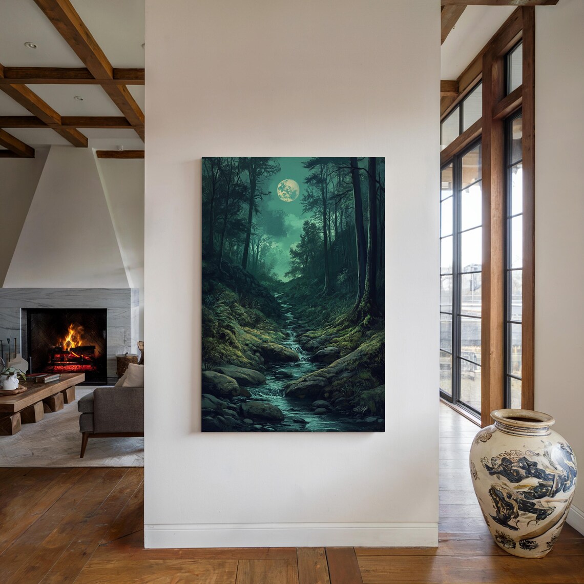 Mystical Moonlit Forest Stream, Tranquil Nature Art - Image 3
