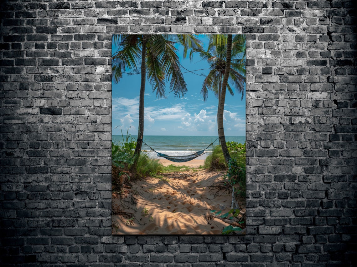 Tropical Beach Hammock Between Palm Trees Sunny Ocean View Poster - Image 2