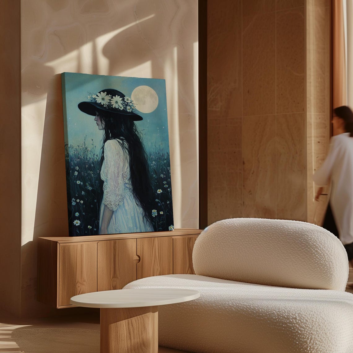 Ethereal Woman In Moonlit Meadow Floral Hat Lace Dress Oil Painting Wall Art Romantic Feminine Portrait With Natures Serenity - Image 5