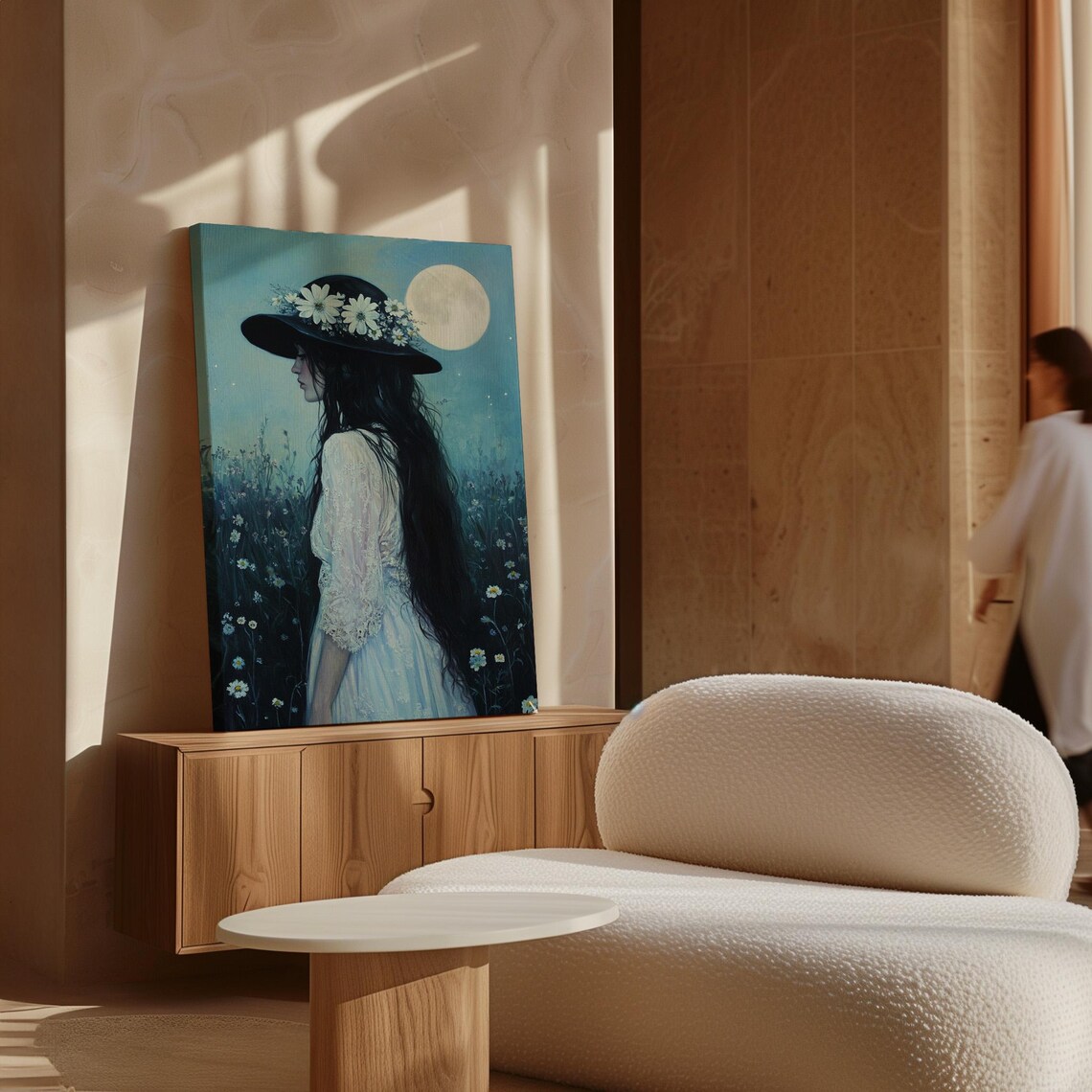 Woman in Daisy Trimmed Hat Walking Moonlit Wildflower Meadow Poster - Image 5