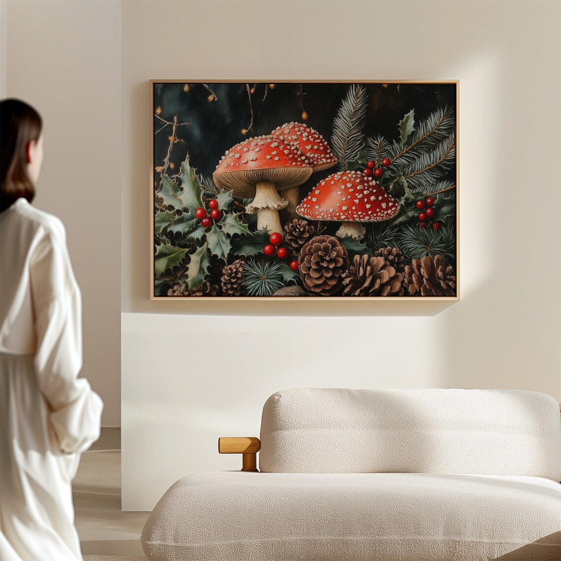Red Amanita Mushrooms With Holly Pinecones Woodland Holiday Poster - Image 4