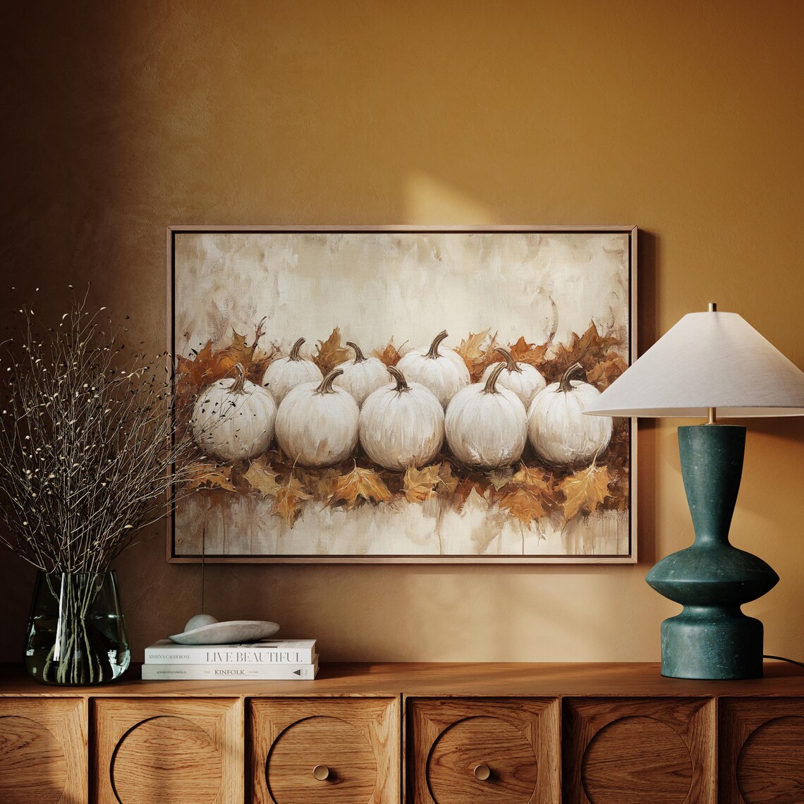 White Pumpkins Among Autumn Leaves Warm Farmhouse Fall Still Life Poster - Image 6