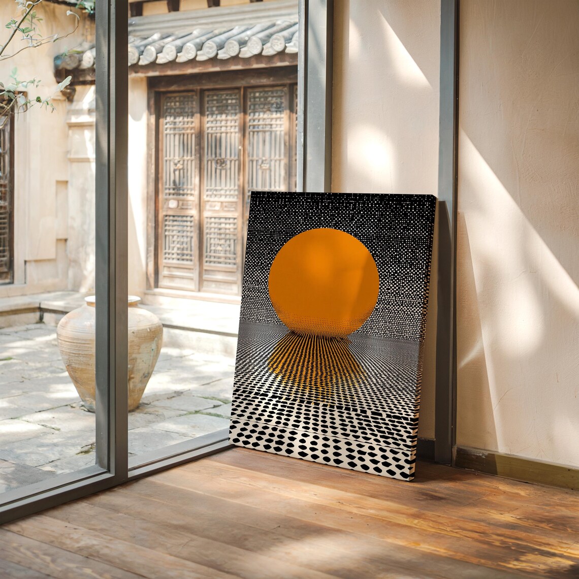 Modern Pop Art Orange Circle On Black And White Halftone Dot Grid Poster