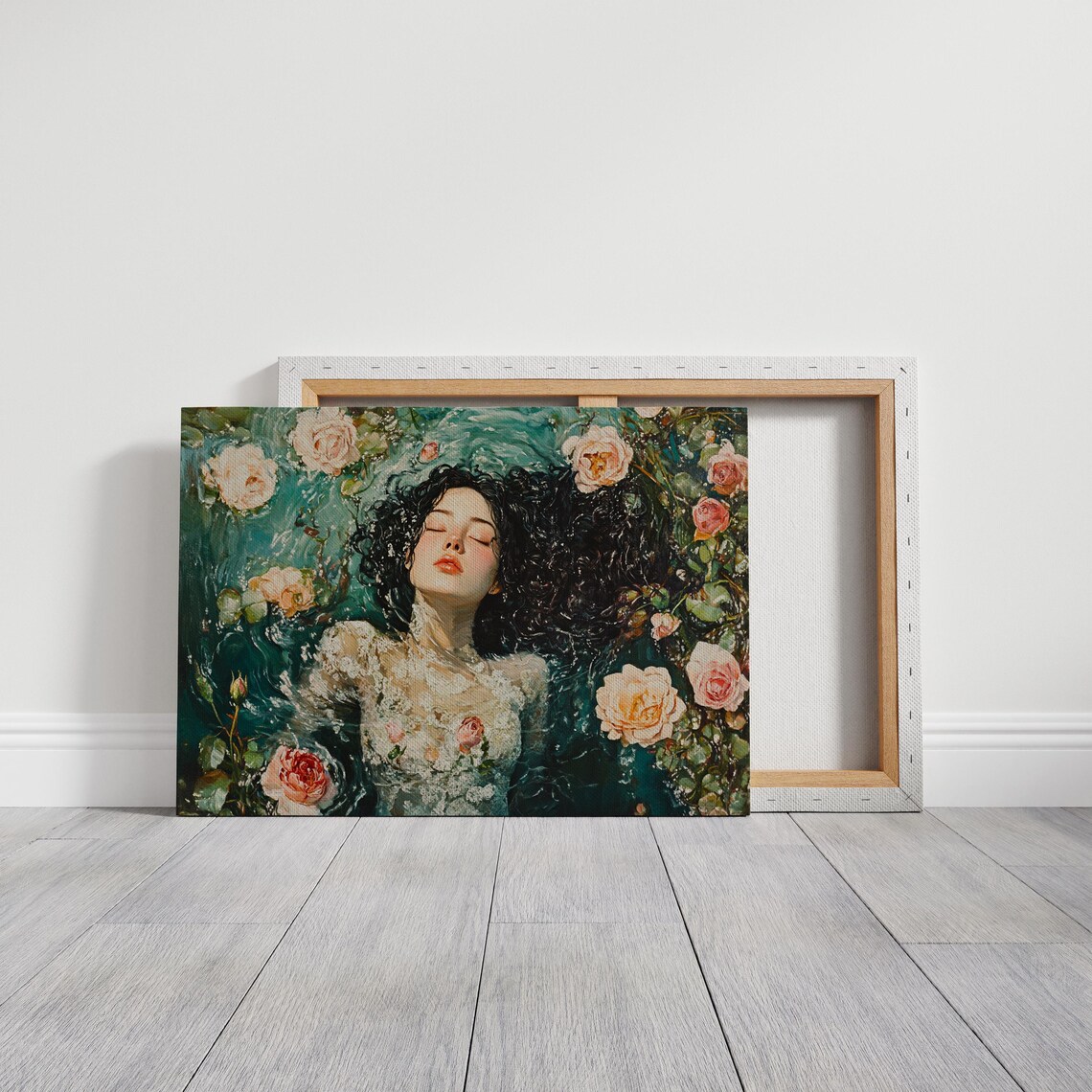 Woman Floating Among Roses Ethereal Dark Floral Water Painting Print - Image 6