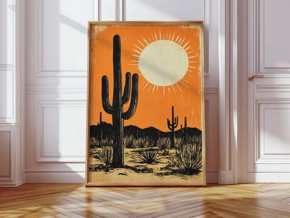 Desert Cactus Wall Art Print Retro Southwestern Landscape Poster Saguaro Sun Illustration Vintage Western Decor For Home