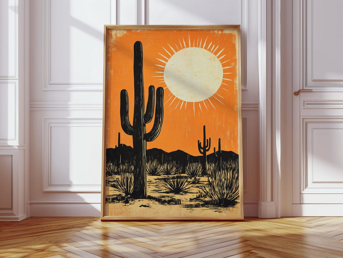 Retro Desert Saguaro Cactus Sunset Orange Western Wall Decor Poster