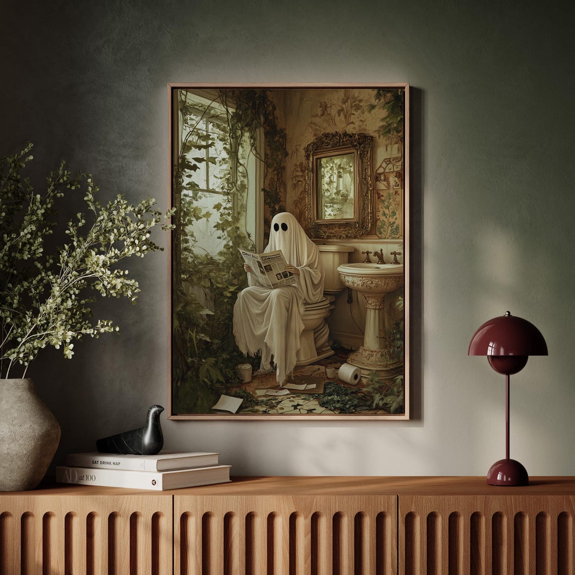 Vintage Ghost Reading Newspaper Wall Art Whimsical Gothic Bathroom Decor With Humorous And Creepy Charm - Image 4