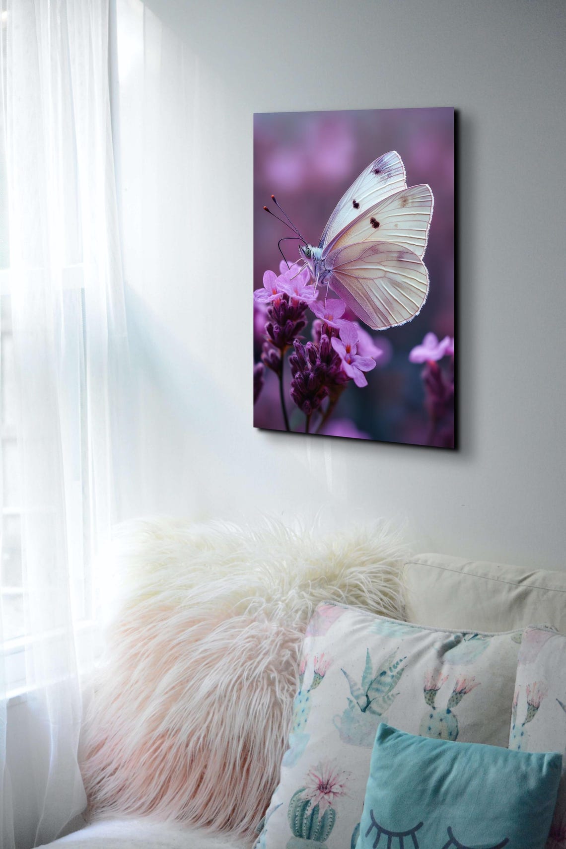 White Butterfly Resting on Purple Flowers Macro Photography Poster - Image 3