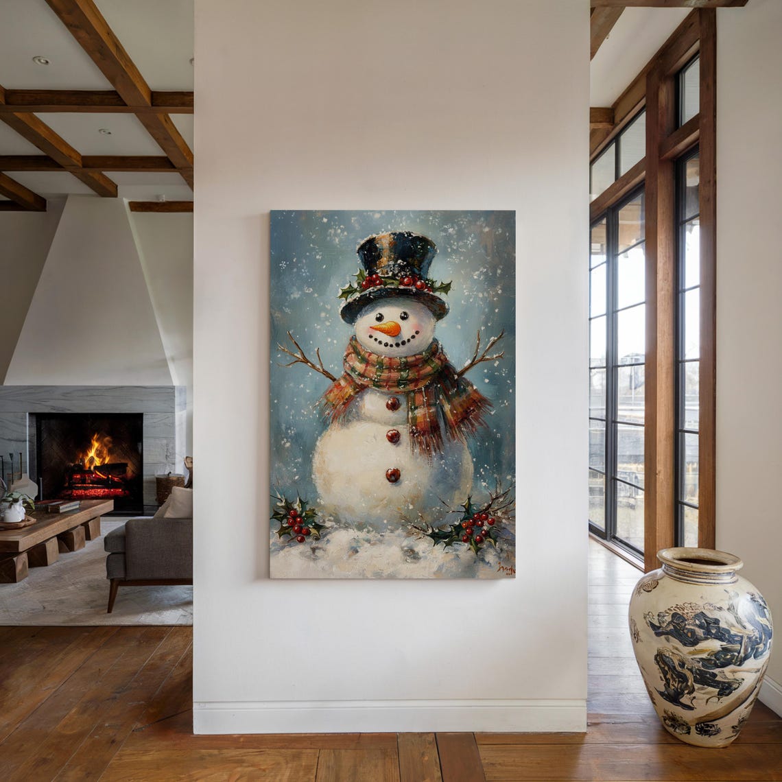 Cheerful Snowman With Top Hat Holly and Scarf Christmas Art Print - Image 6