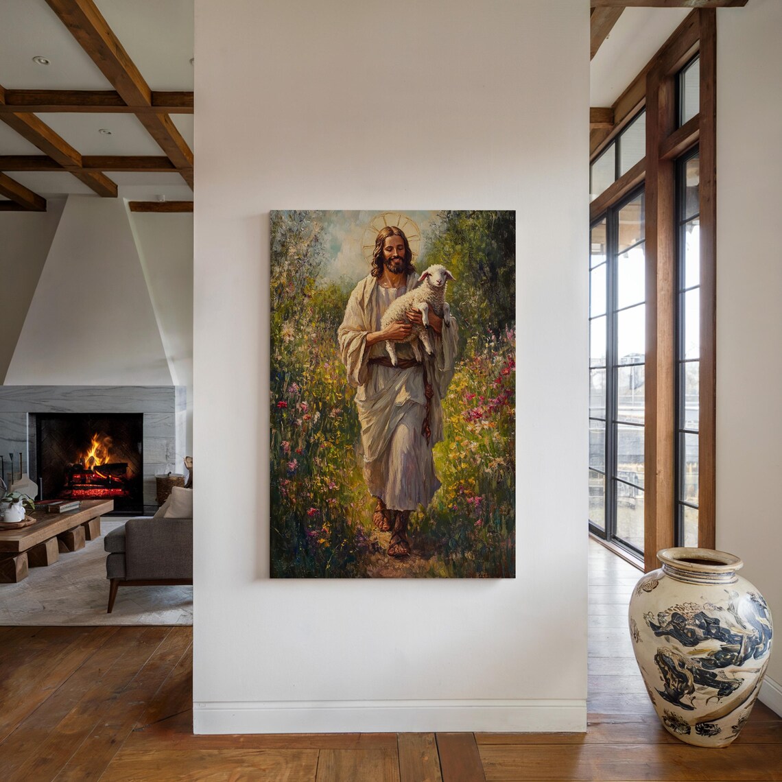 Jesus Christ Carrying Lamb Through Wildflower Meadow Good Shepherd Poster - Image 4