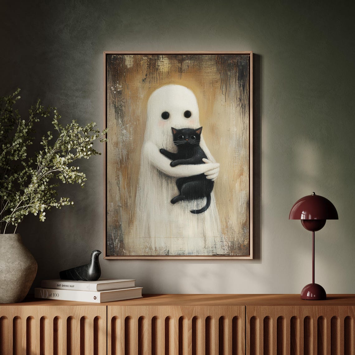 Whimsical Ghost Hugging Black Cat Adorable Rustic Halloween Poster - Image 5