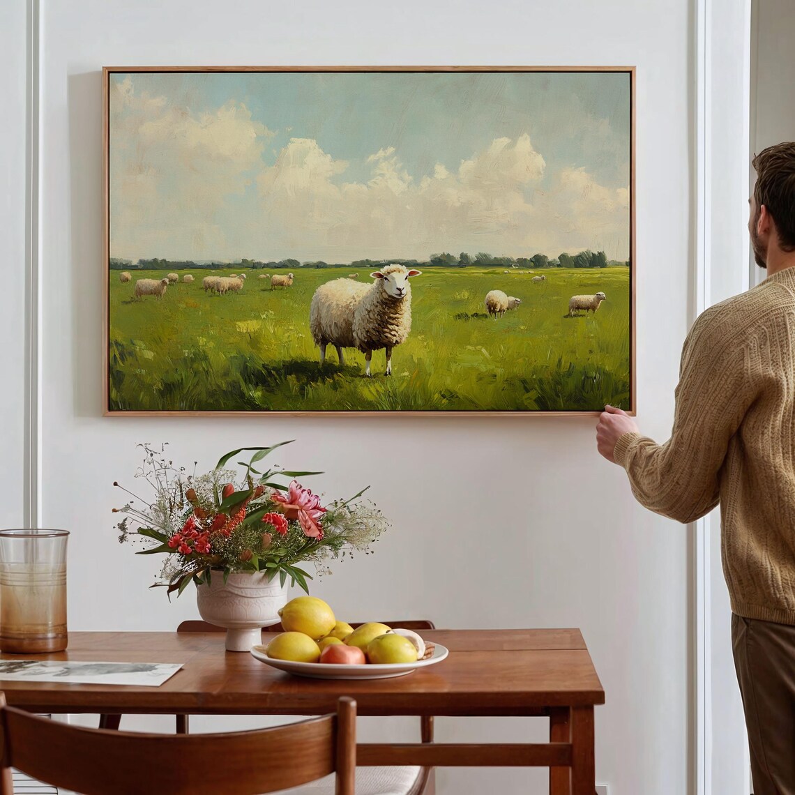 Sheep Grazing in Green Pasture Vintage Farmhouse Painting Poster - Image 2