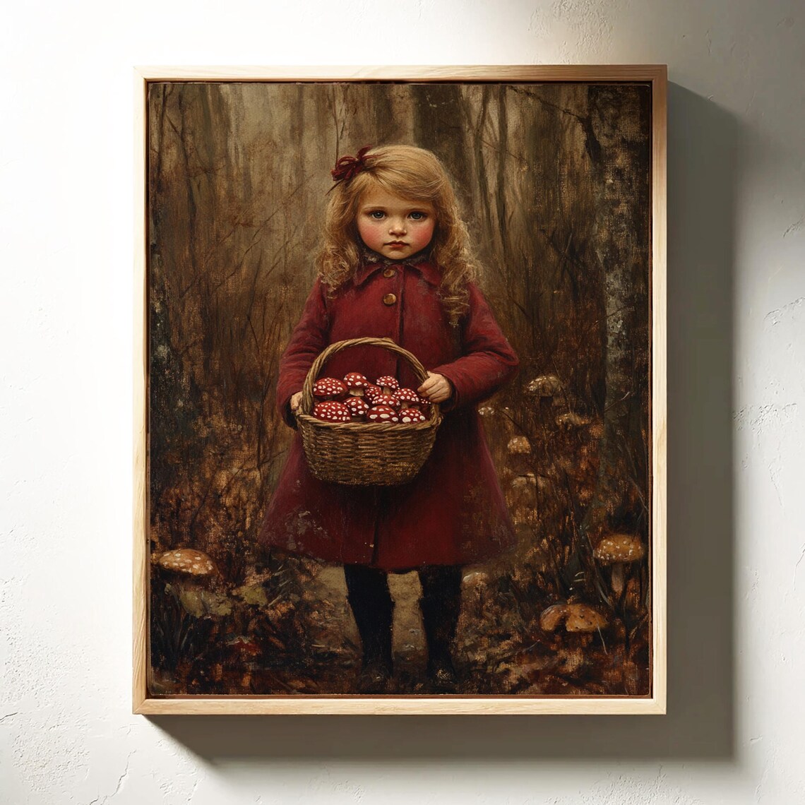 Little Girl in Red Coat With Basket of Mushrooms, Vintage - Image 3
