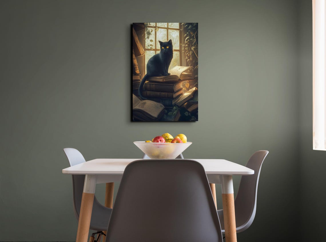 Black Cat Sitting on Old Books by Sunlit Window Vines Poster - Image 5