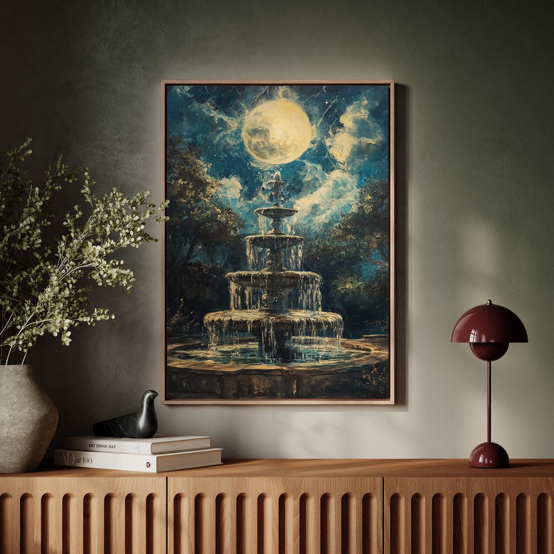 Enchanting Moonlit Fountain Night Sky Full Moon Dreamy Art Poster - Image 7