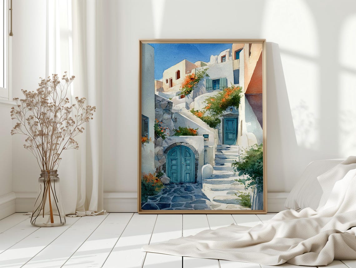 Santorini Greece Watercolor Blue Doors Whitewashed Street Art Poster