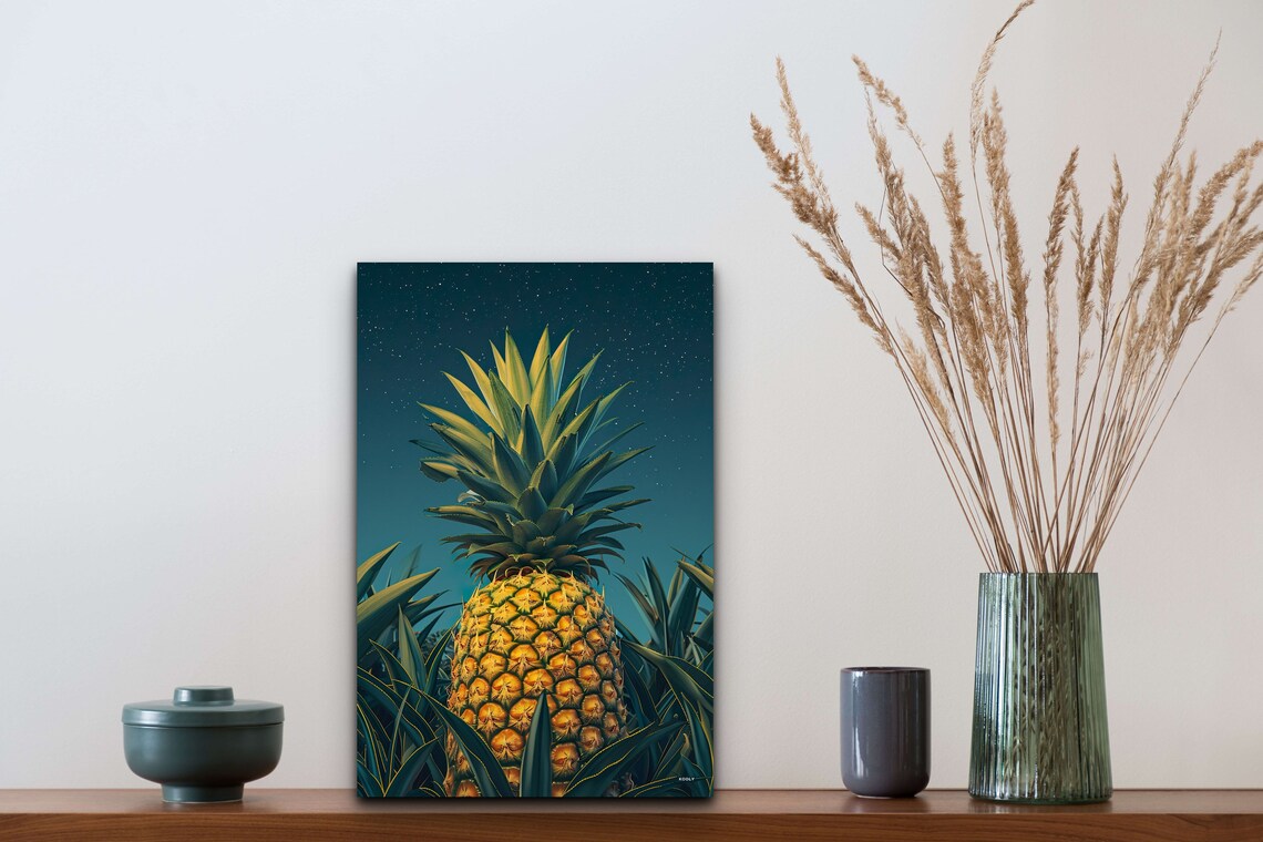 Golden Pineapple Close Up Against Teal Night Sky Tropical Wall Art - Image 5
