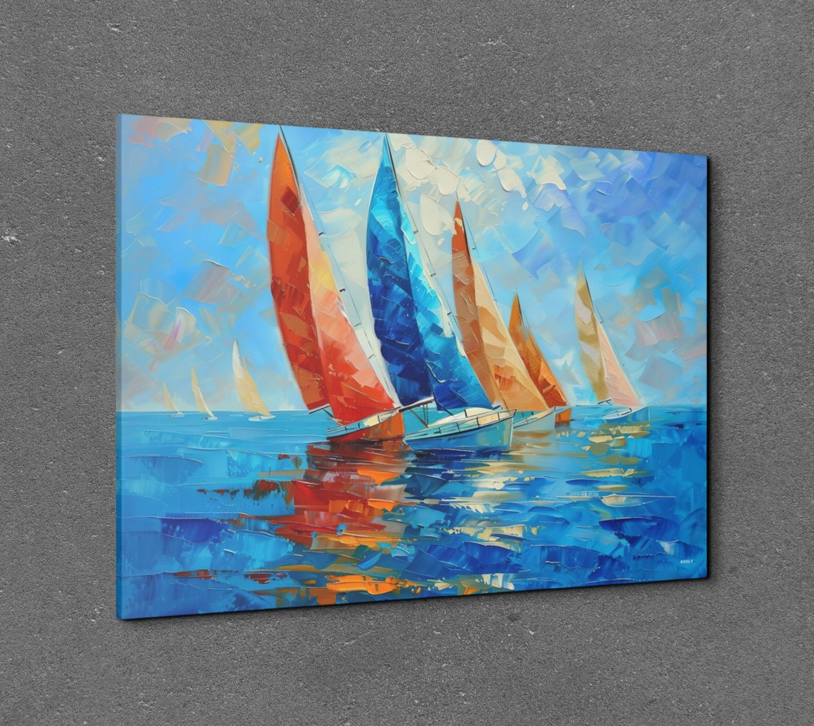 Colorful Sailboats Impasto Palette Knife Ocean Regatta Poster - Image 3