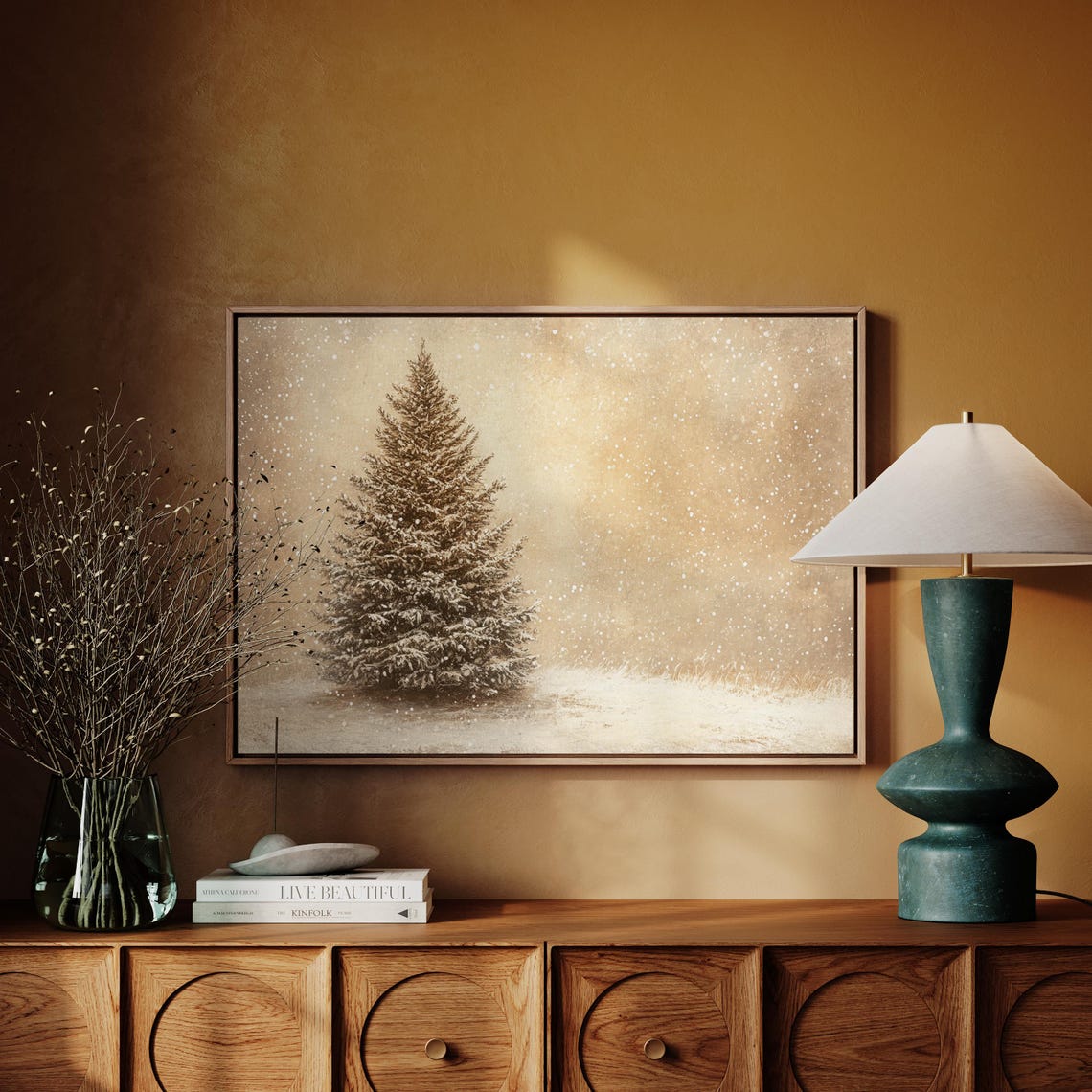 Lone Snowy Evergreen Tree In Snowstorm Sepia Minimal Winter Poster - Image 6