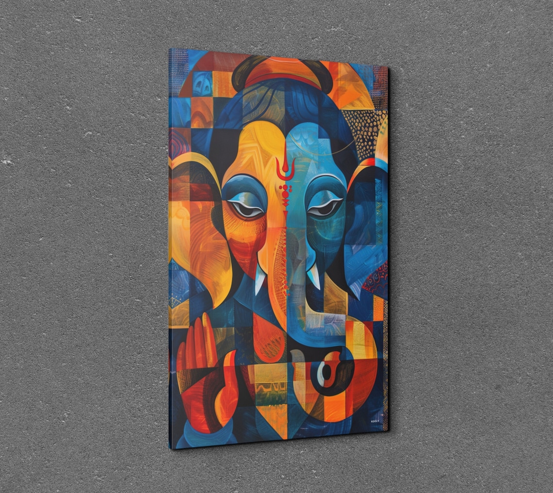 Geometric Cubist Ganesha Portrait in Bold Blue and Orange Wall Art - Image 3
