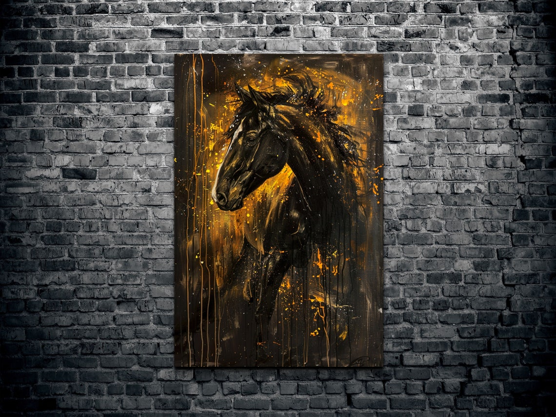 Black Horse Portrait in Golden Flame Paint Drip Equestrian Poster - Image 2