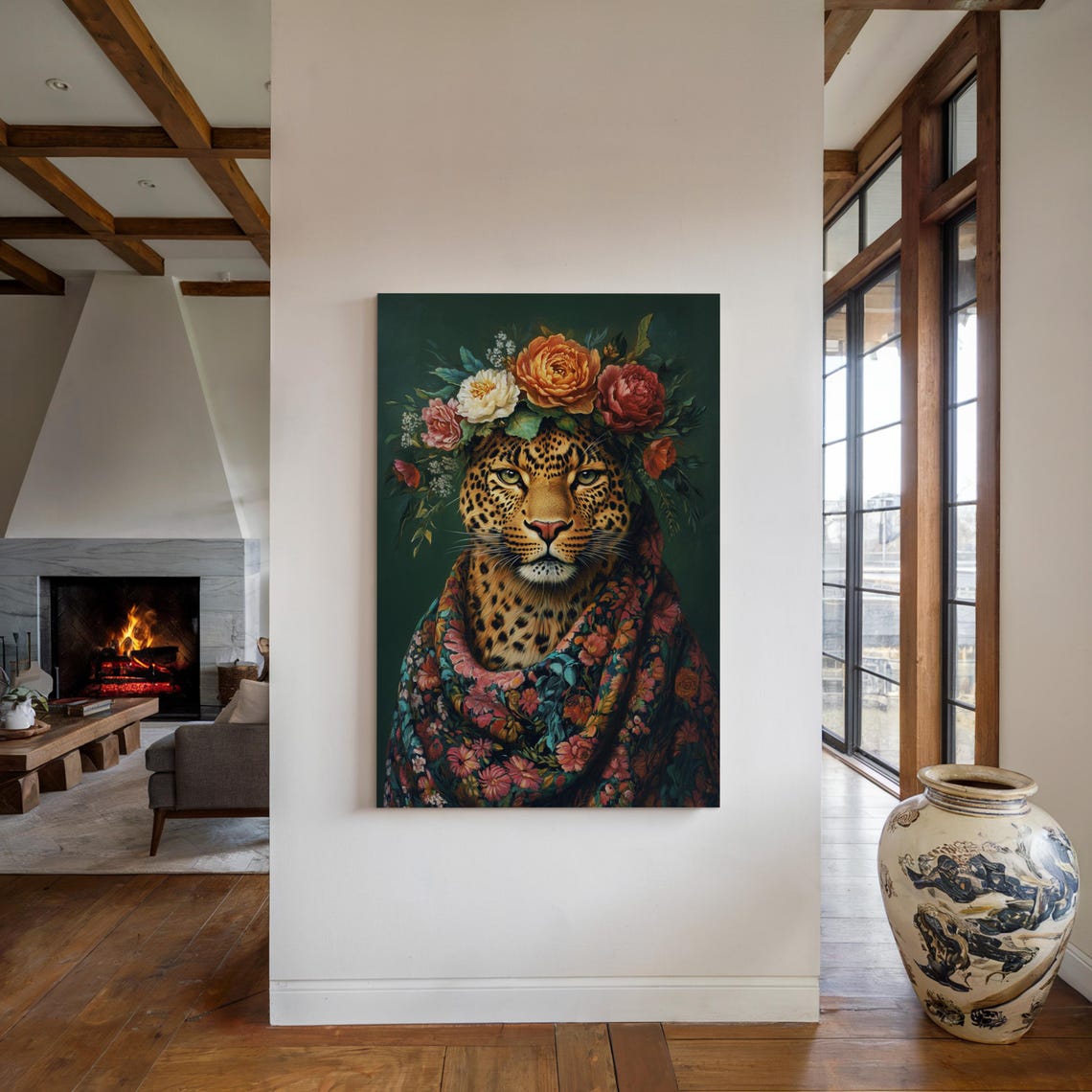 Leopard Wearing Floral Crown And Blooming Shawl Regal Portrait Poster - Image 4
