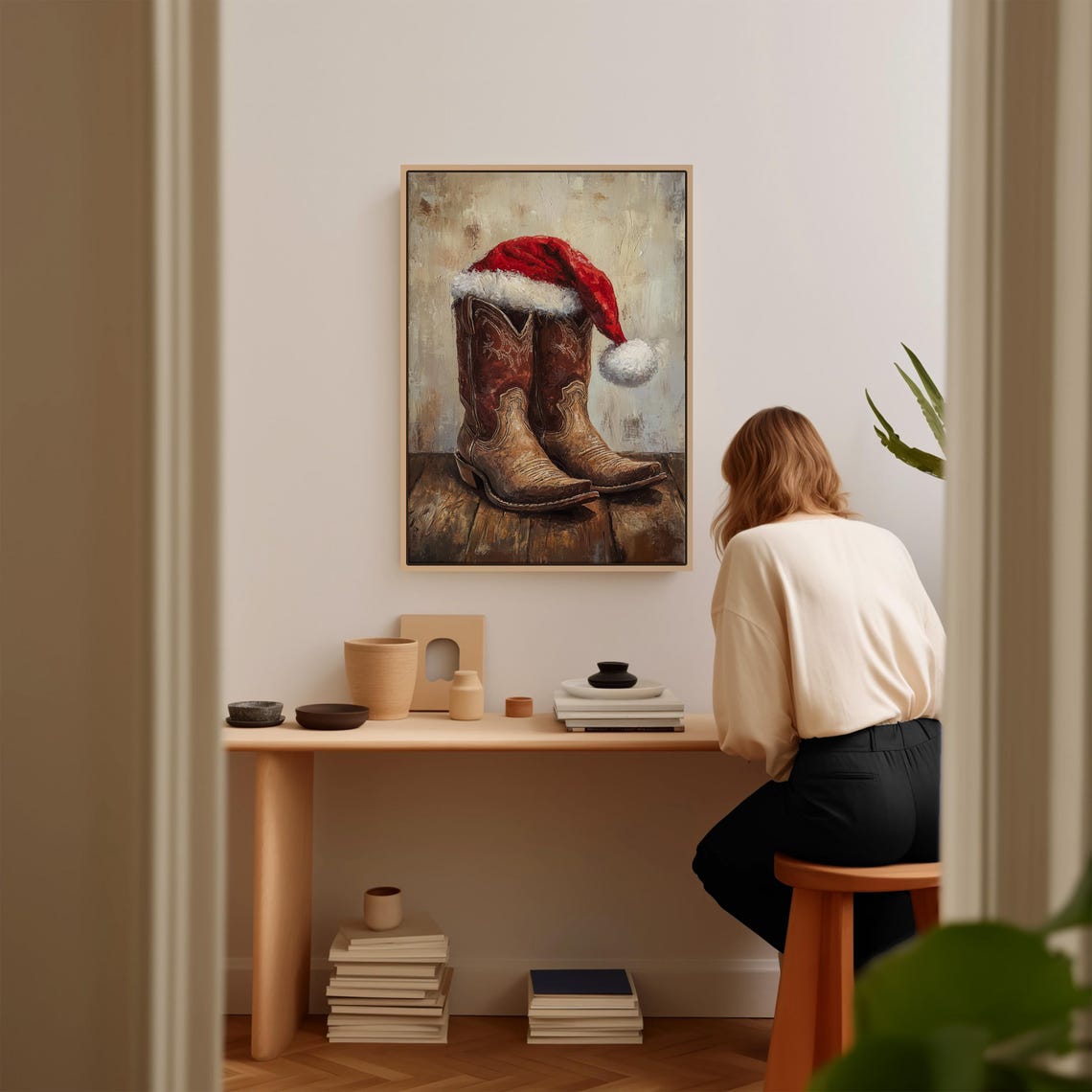 Christmas Cowboy Boots with Santa Hat Festive Western Poster - Image 3