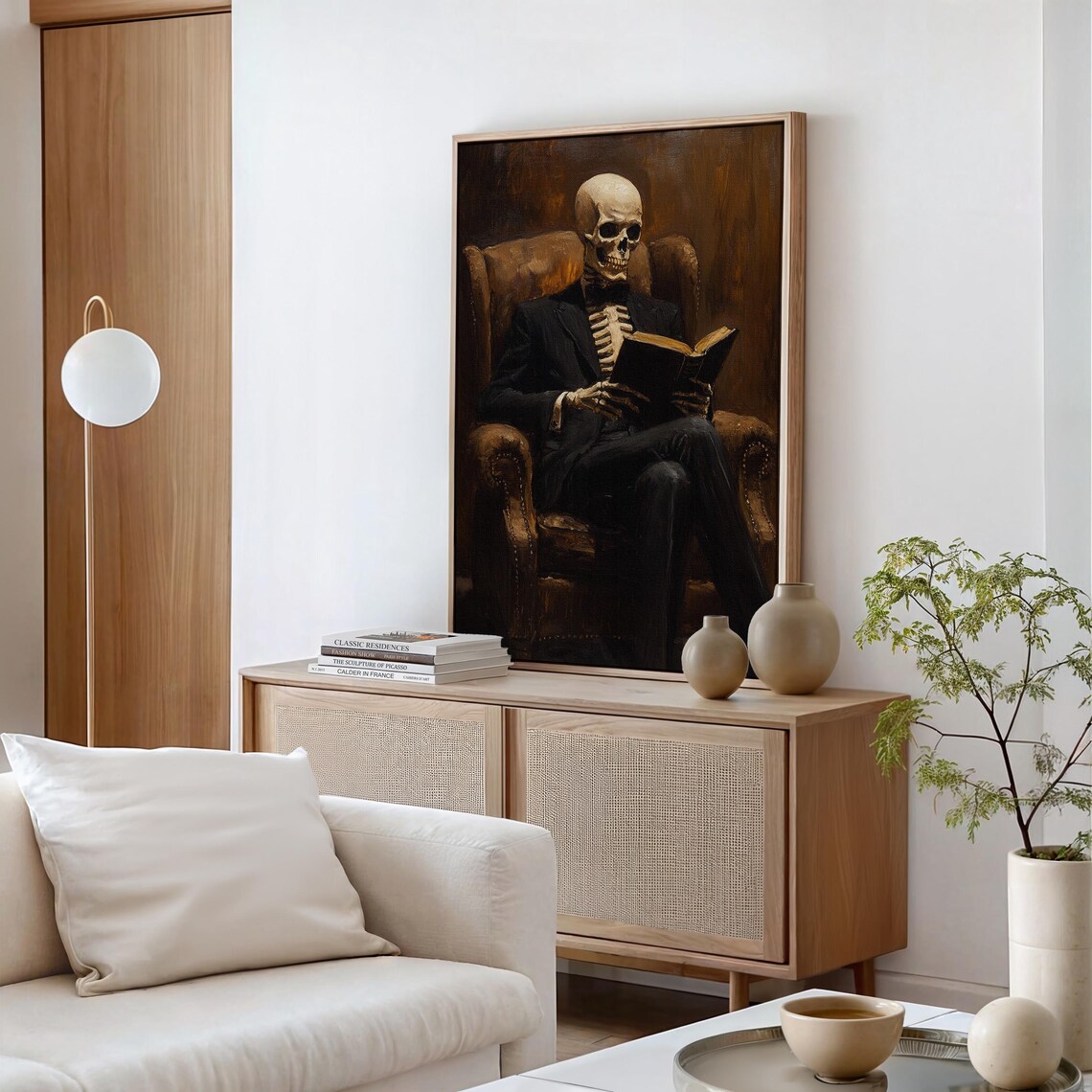 Elegant Skeleton Reading in a Leather Armchair Dark Art Poster - Image 5