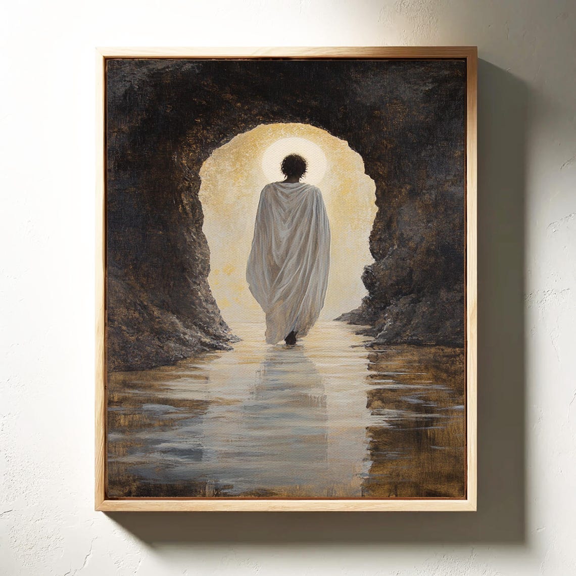 Robed Figure Walking Toward Glowing Light in Stone Archway Poster - Image 6