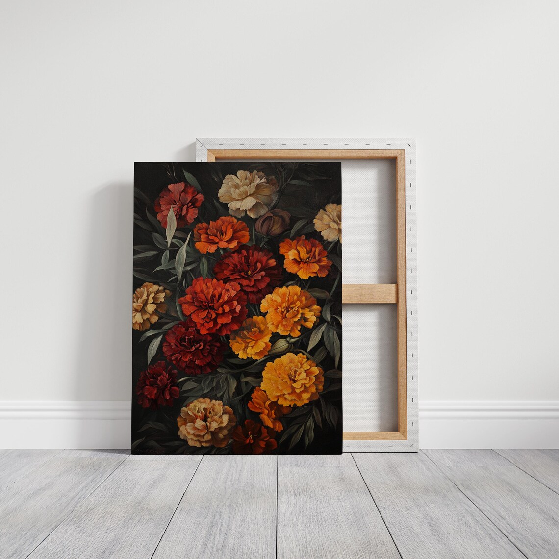 Marigold Blooms in Burnt Orange on Black Moody Floral Art Poster - Image 3