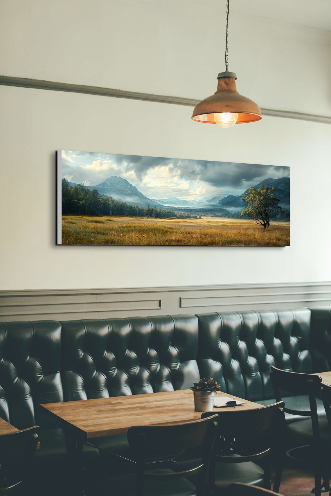 Cloudy Mountain Valley Golden Meadow Lone Tree Landscape Wall Poster - Image 6