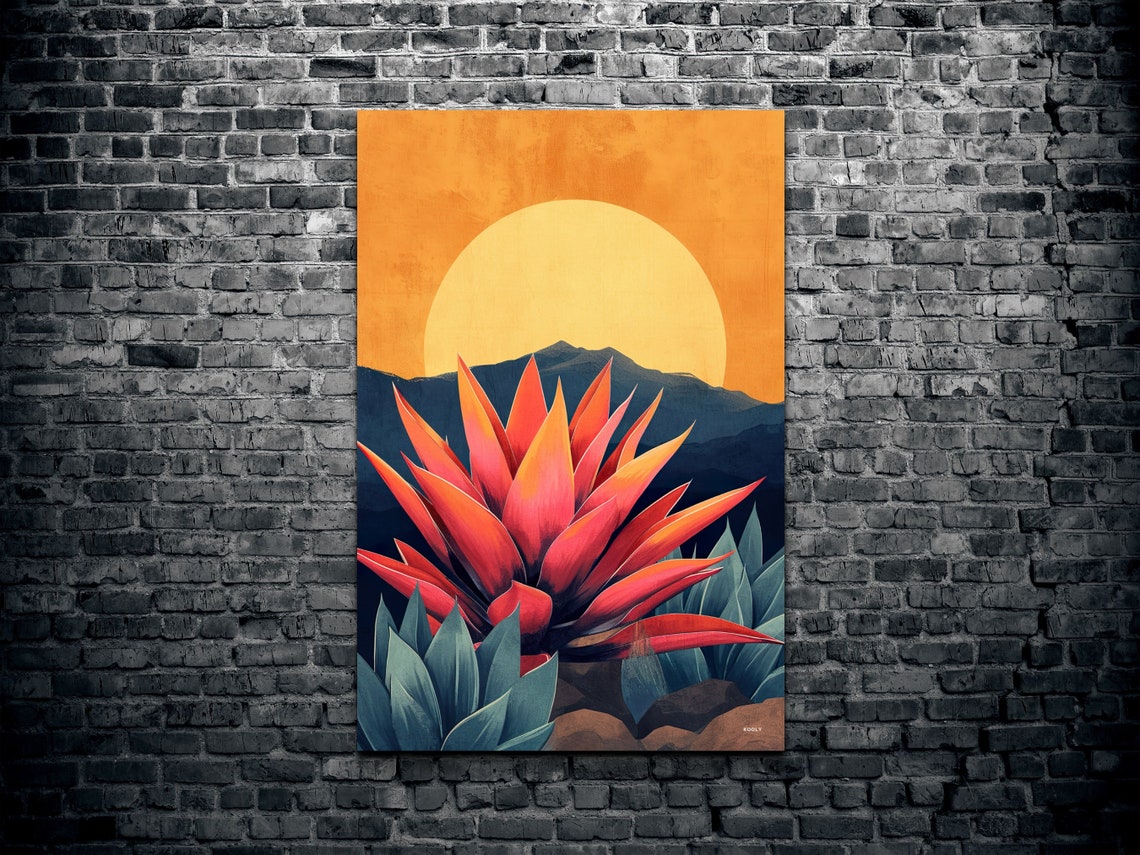 Red Agave Against Desert Sun Mid Century Modern Botanical Poster - Image 2