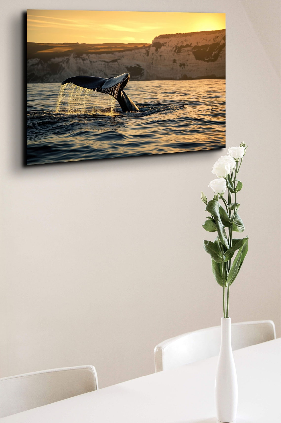 Whale Tail Splash Diving at Golden Sunset by Ocean Cliffs Poster - Image 5