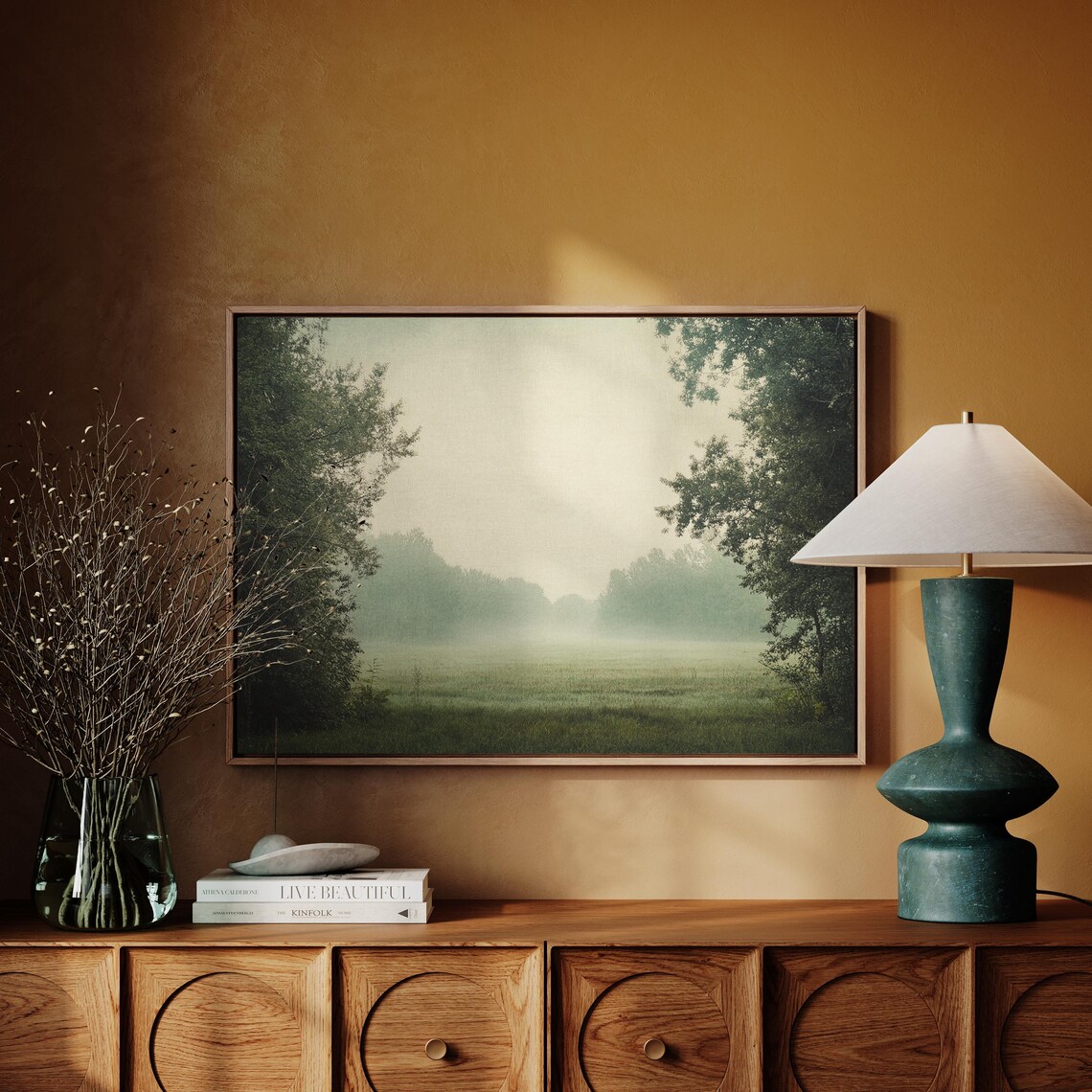Misty Forest Meadow Wall Art Peaceful Nature Landscape Painting Tranquil Greenery Decor For Relaxing Interior Spaces - Image 4