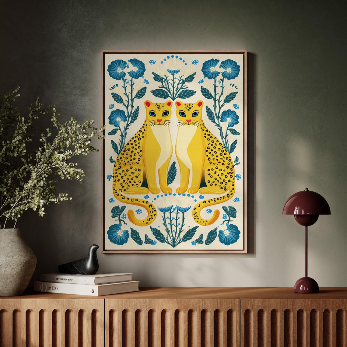 Symmetrical Twin Golden Leopards Blue Floral Folk Art Poster