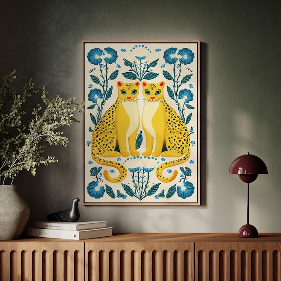 Symmetrical Twin Golden Leopards Blue Floral Folk Art Poster