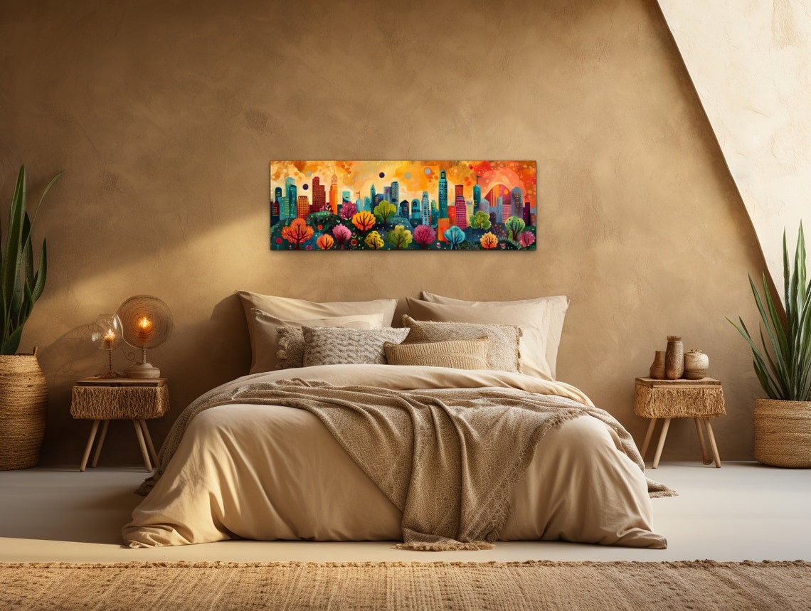 Whimsical City Skyline Sunset Colorful Trees Urban Panoramic Wall Art - Image 6
