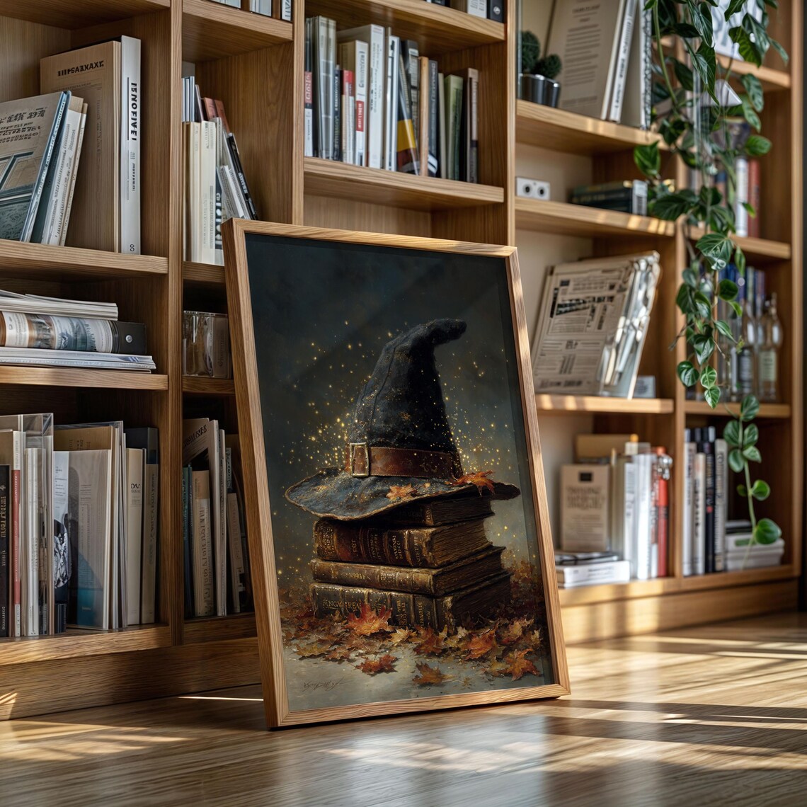 Witch Hat on Old Spell Books with Autumn Leaves Magic Art Poster
