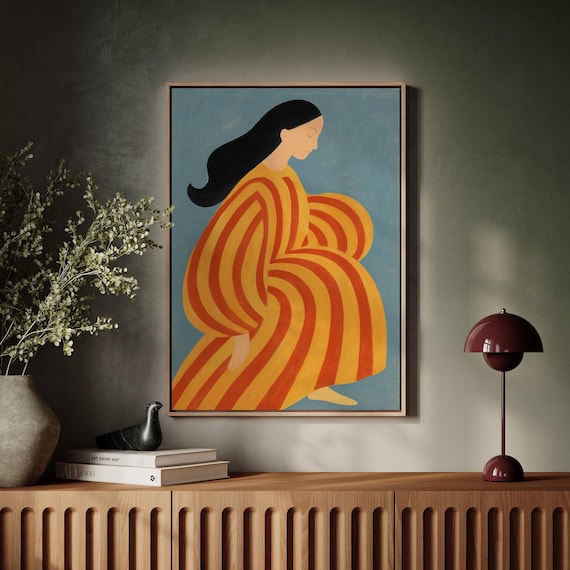 Striped Dress Woman Art Modern Minimalist Portrait Canvas