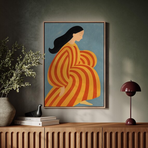 Striped Dress Woman Portrait Modern Minimalist Figure Art Poster